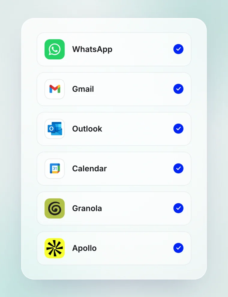 Aldous connected to WhatsApp, Gmail, Outlook, Calendar, Granola and Apollo
