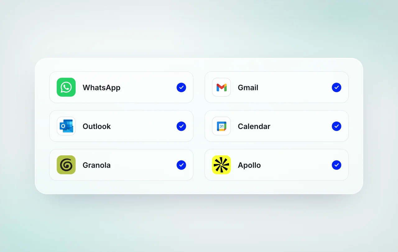 Aldous connected to WhatsApp, Gmail, Outlook, Calendar, Granola and Apollo