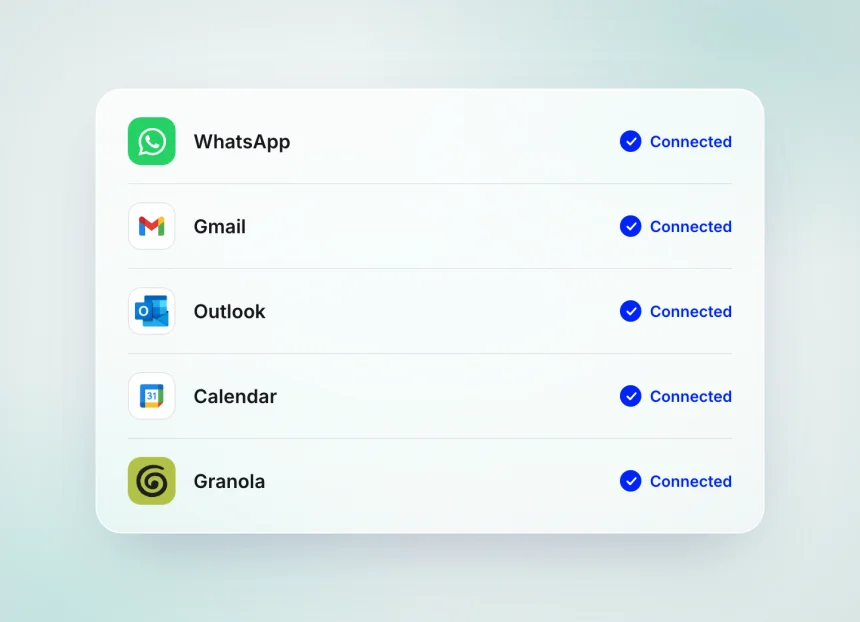 Aldous connected to WhatsApp, Gmail, Outlook, Calendar and Granola