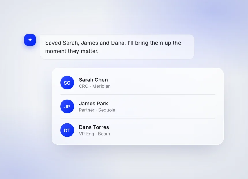 Aldous saving the contacts Sarah Chen, James Park and Dana Torres
